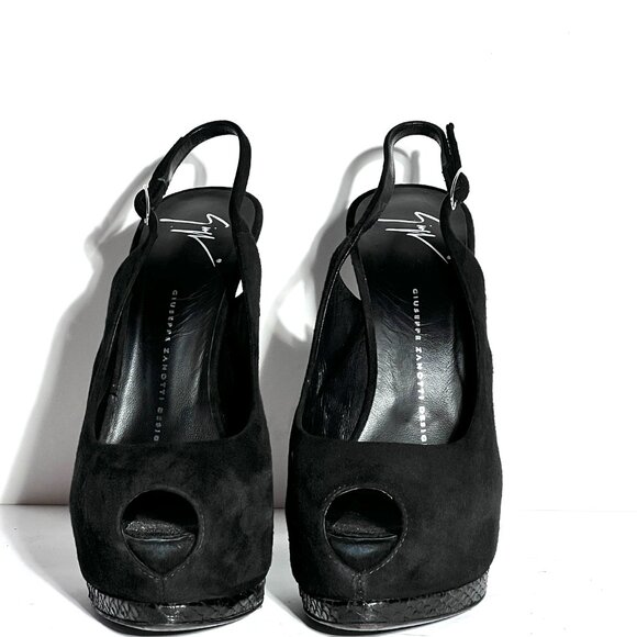 Giuseppe Zanotti Blk Suede Snakeskin High Heel Peeptoe Slingback Pump Sz 8.5 - Picture 2 of 15